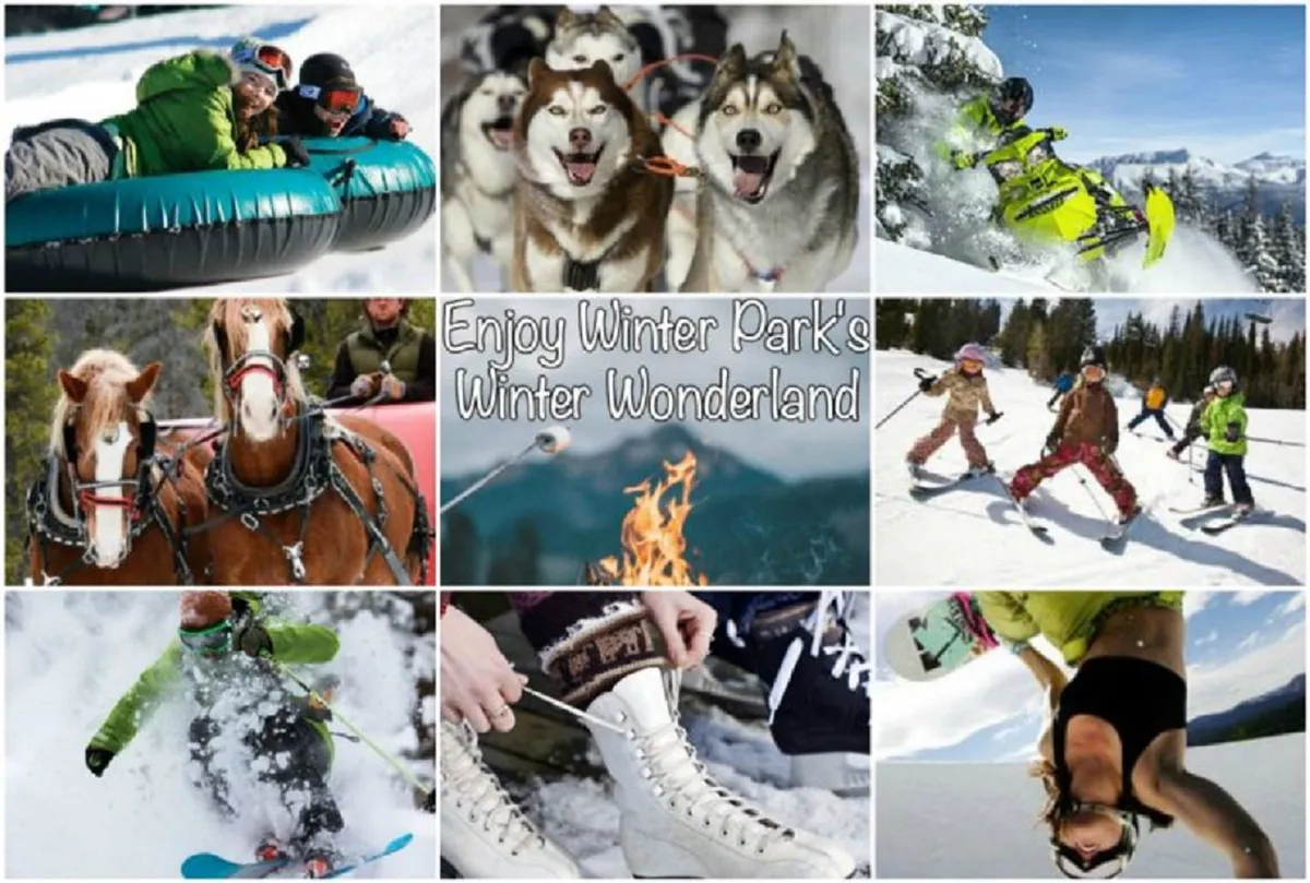 A lively winter scene featuring people snow tubing, huskies for dog sledding, snowmobiles, skiers, snowboarders, ice skaters, children playing in the snow, and a fire pit gathering. The snowy landscape and joyful expressions evoke the thrill and magic of winter recreation.