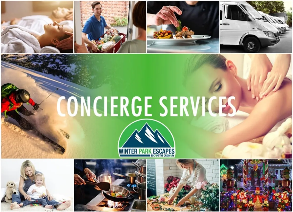 A collage-style interior image featuring concierge services, activity options, and branding for Winter Park Escapes. Images depict a variety of resort-like amenities, from family activities to spa treatments and gourmet dining.