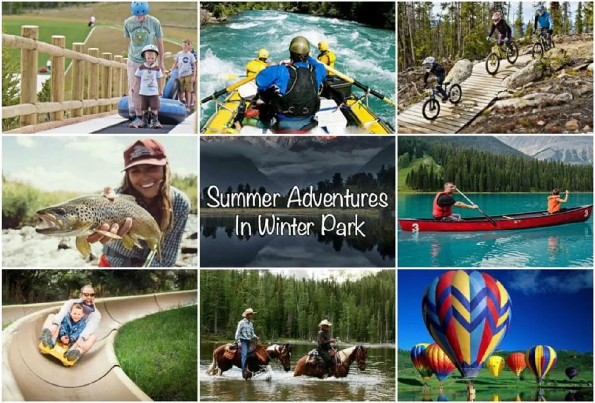 A vibrant summer scene with families enjoying various outdoor activities: kayaking on a lake, biking on a scenic trail, rafting, horseback riding, and even hot air ballooning. The landscape features lush greenery, sparkling water, and open skies, conveying a sense of open-air excitement and natural beauty.