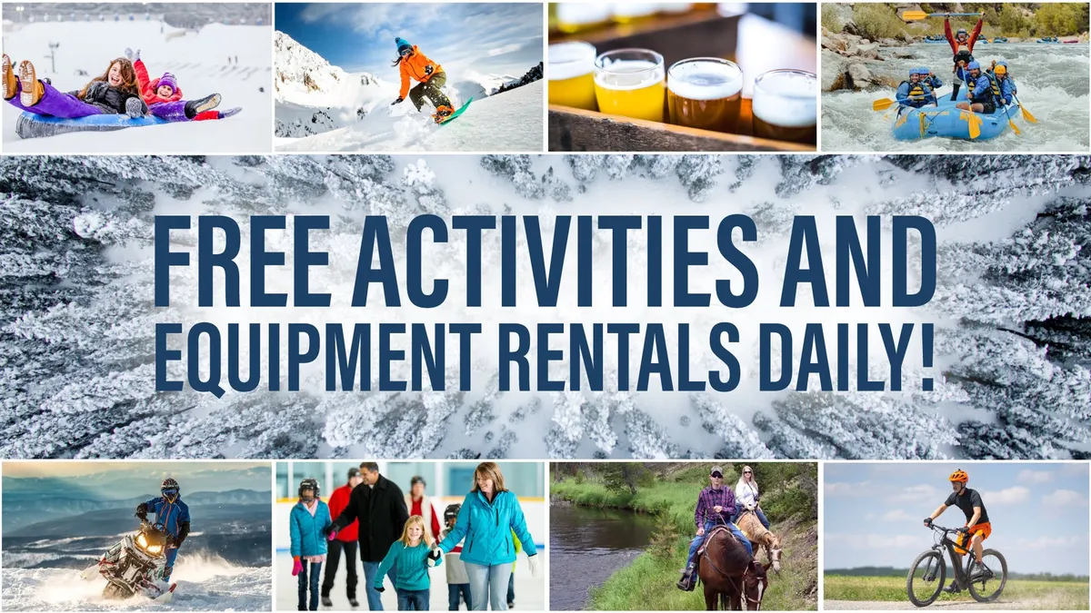 The image shows an energetic montage of people engaged in a variety of outdoor activities across all seasons: skiing and snowboarding in winter, rafting on a river, biking, horseback riding, and enjoying craft beer tastings. The scene bursts with movement and fun, featuring both families and adventure seekers in action-packed settings, set against mountain and forest backdrops.